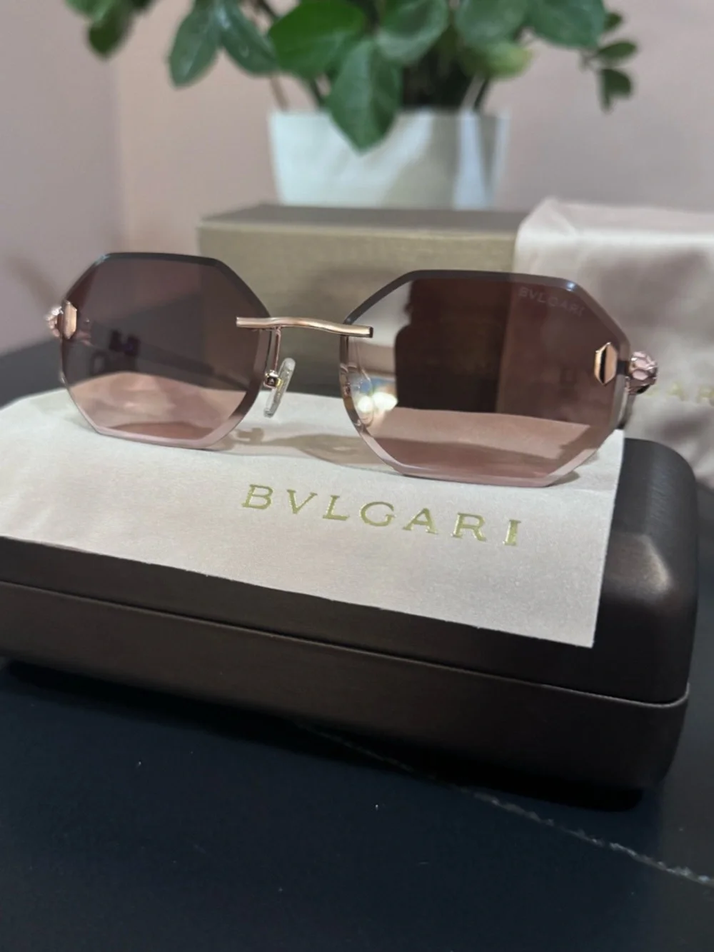 Bulgari Rose-Tint Octagonal Rimless Sunglasses - Picture 9 of 16